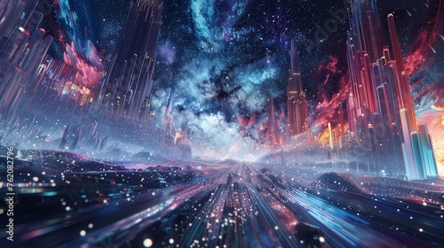 a realm of virtual reality where vast  crystalline spires stretch towards the digital sky  surrounded by a sea of shimmering code  pulsating with the heartbeat of a digital world.