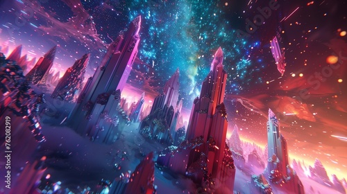 a realm of virtual reality where vast, crystalline spires stretch towards the digital sky, surrounded by a sea of shimmering code, pulsating with the heartbeat of a digital world. photo