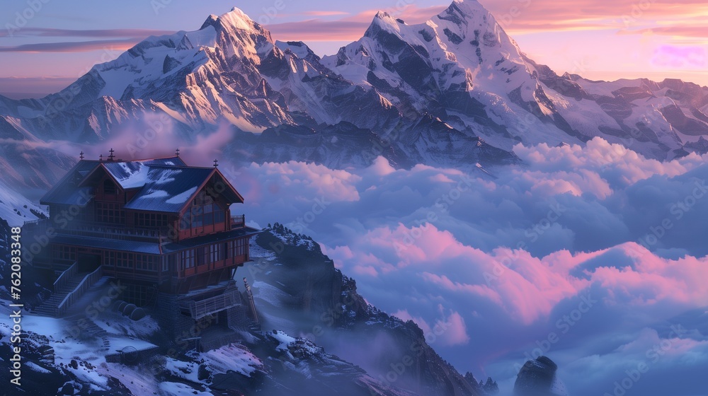 A secluded mountain retreat, perched high above the clouds, with panoramic views of snow-capped peaks and valleys bathed in the soft light of dawn.
