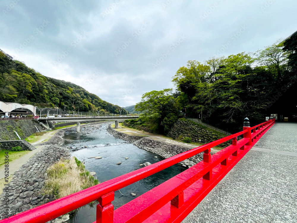 Landscape of red bridge and river at Odawara bus stop. Transition point to Hakone, Japan