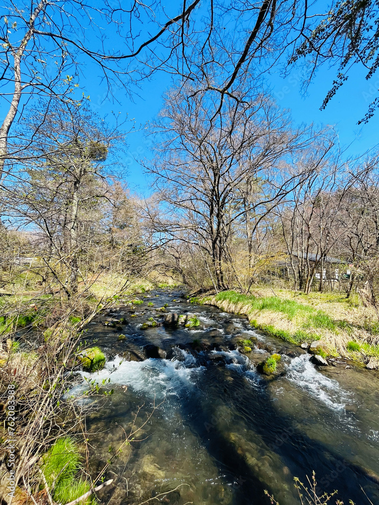 Landscape of the river and park natural scenery of the Hoshino area of Karuizawa, Japan. with blue sky background Landscape of the river and park natural scenery of the Hoshino area of Karuizawa, Japan. with blue sky background