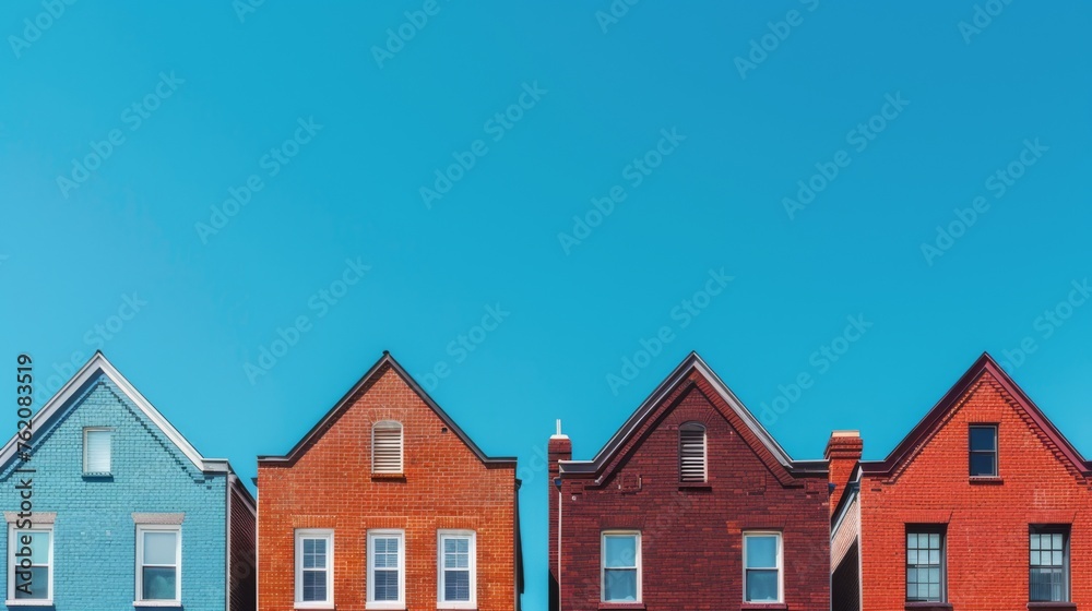 In a line, brick houses of varied red hues stand side by side, set against a vivid blue sky, seen from a flat angle. Uniform in structure, they form an orderly row.