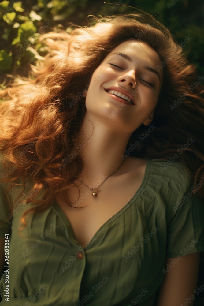 Sunlight streaming through the hair of a smiling woman. Fictional character created by Generated AI. Sunlight streaming through the hair of a smiling woman. Fictional character created by Generated AI.