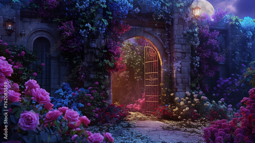 A secret garden hidden away behind ivy-covered walls, bursting with vibrant blooms of every color imaginable, under the soft light of a full moon.