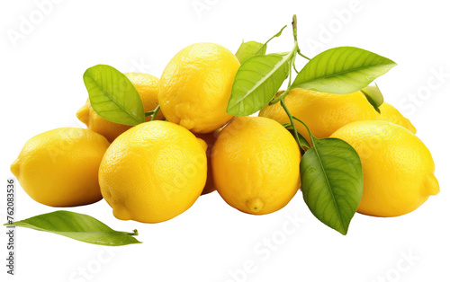 A Pile of Lemons With Leaves on a White Background. On a White or Clear Surface PNG Transparent Background.