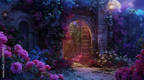 A secret garden hidden away behind ivy-covered walls  bursting with vibrant blooms of every color imaginable  under the soft light of a full moon.