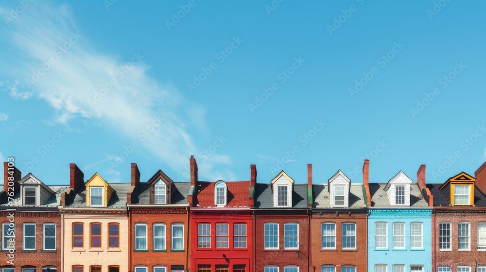 In a line, brick houses of varied red hues stand side by side, set against a vivid blue sky, seen from a flat angle. Uniform in structure, they form an orderly row.