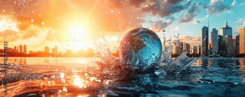 Sunrise cityscape with a splash and glass sphere #762084333