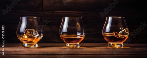 Elegant whiskey glasses on wooden table