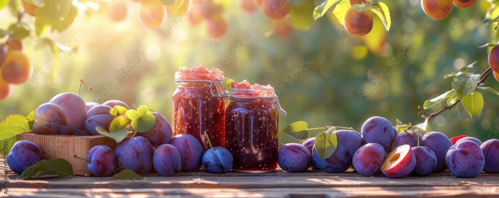 Fresh plum jam and ripe plums on wooden table - obrazy, fototapety, plakaty 