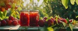 Homemade plum preserves in jars in sunlight
