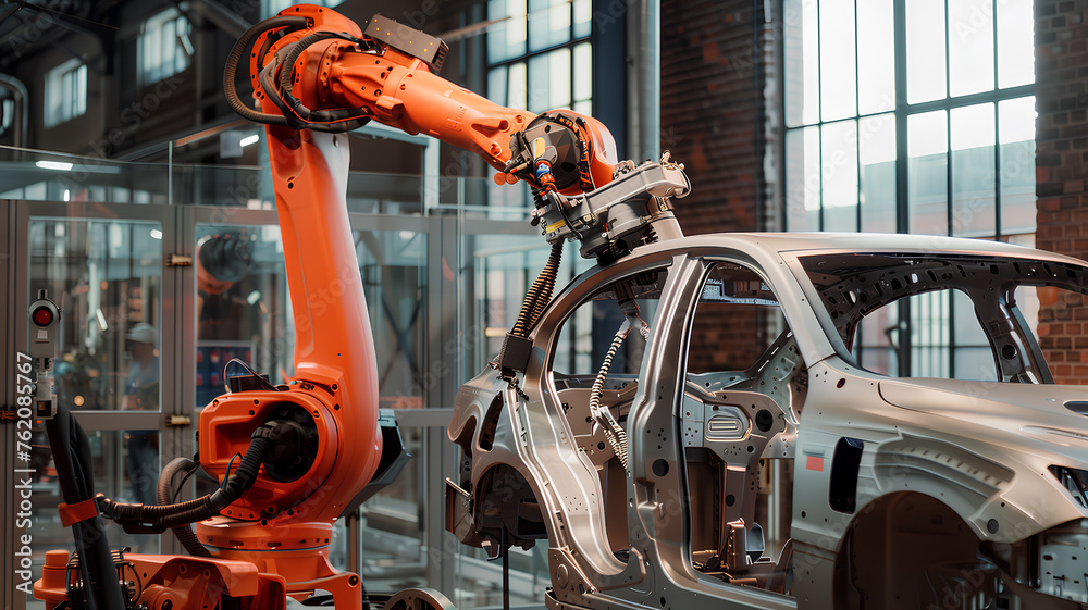 A car is being built in a factory with two robots working on it. The robots are orange and are positioned on either side of the car