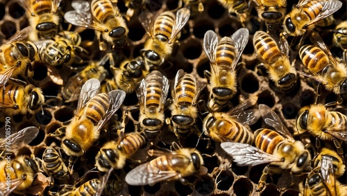 A snapshot of bee colony dynamics, highlighting a queen marked with a dot amidst the buzz of her surrounding workers Generative AI