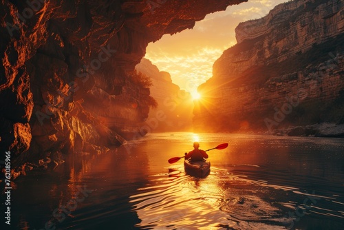 Kayaker navigating through a canyon at sunrise, emphasizing the harmony and beauty of outdoor activities in natural settings