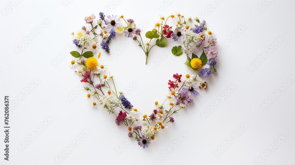 heart-shaped flower frame on a white background, a postcard design concept about love and tenderness