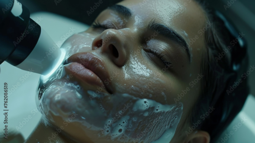 Crop beautician doing ultrasonic facial cleansing Crop beautician doing ultrasonic facial cleansing