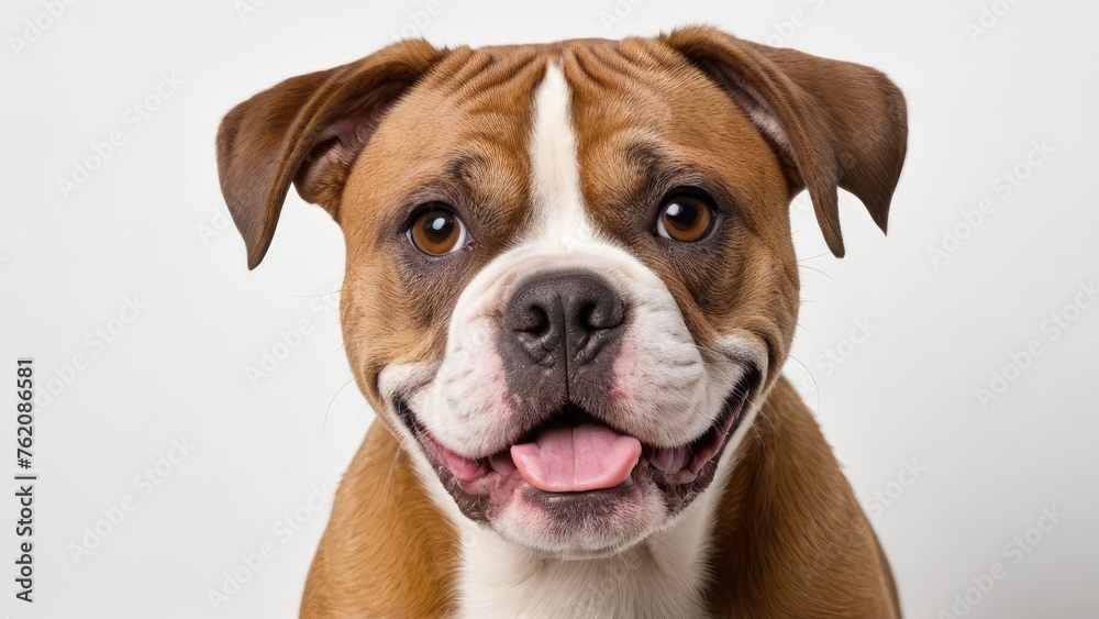 Portrait of White and brown american bulldog on grey background