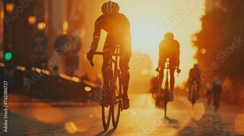 Cyclist competing in professional race at sunset