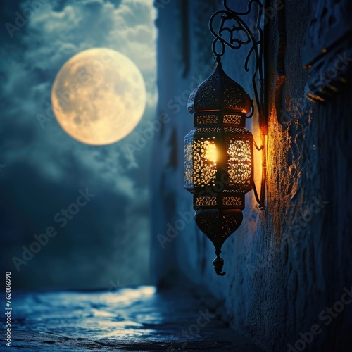 Eid Mubarak Celebration Post with Illuminated Arabic Lamp Hang on Wall and Moonlight View.