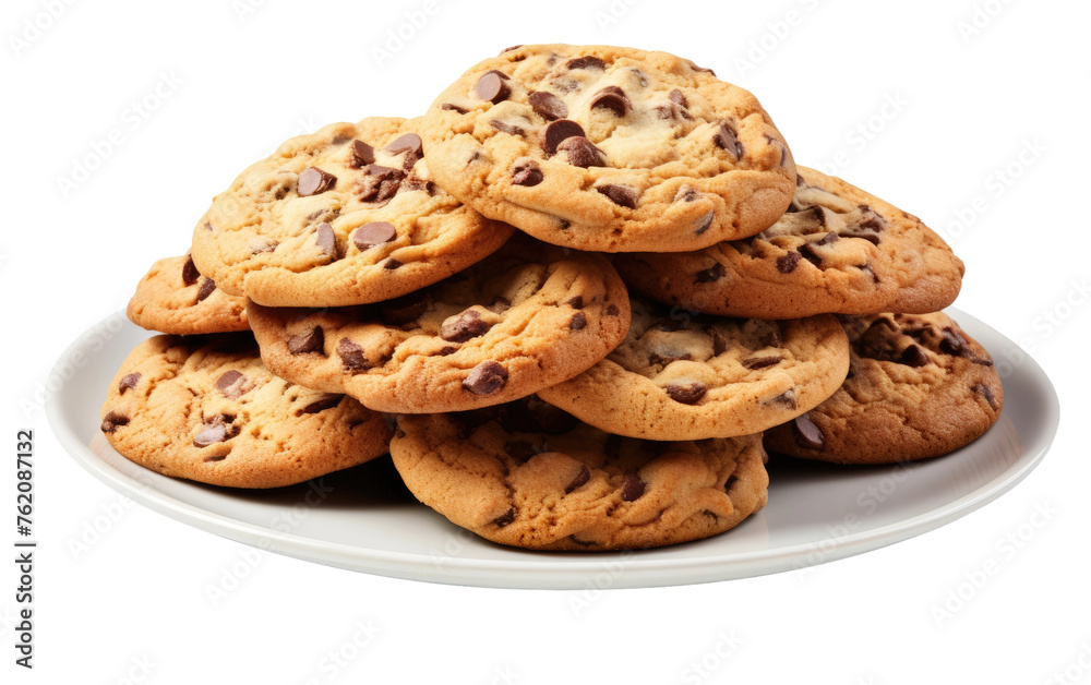 A Pile of Chocolate Chip Cookies on a White Plate. On a White or Clear Surface PNG Transparent Background. A Pile of Chocolate Chip Cookies on a White Plate. On a White or Clear Surface PNG Transparent Background.