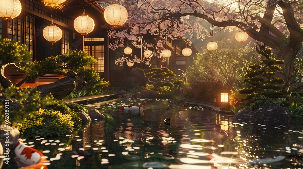 A tranquil Japanese garden, with meticulously manicured bonsai trees and serene koi ponds, under the soft glow of paper lanterns hanging from delicate cherry blossom branches.