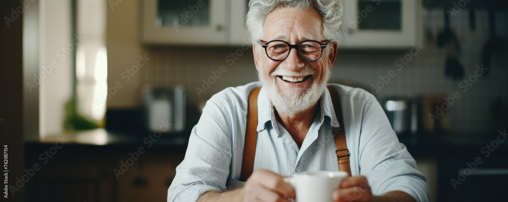 Senior man happily cooking in a modern kitchen