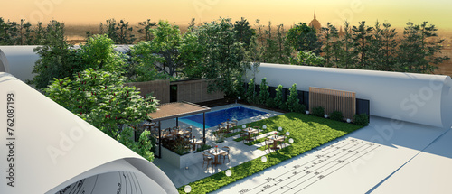 Entwurf eines Resorts mit Außengastronomie: Terrasse an einem Swimming Pool  - panoramische 3D Visualisierung