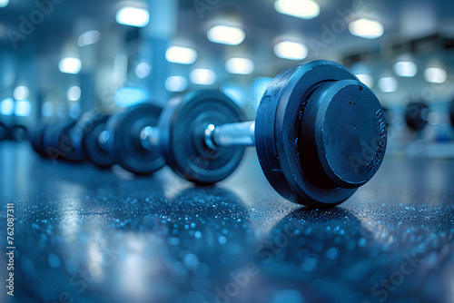 Close-up of a row of dumbbells on the gym floor, representing fitness, strength training, and healthy lifestyle.
