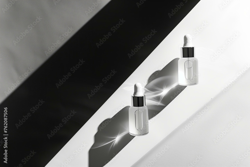 minimalist face serum bottles on geometric shapes on a stark, high-contrast background, 2024 trend of simplicity and efficiency minimalist face serum bottles on geometric shapes on a stark, high-contrast background, 2024 trend of simplicity and efficiency