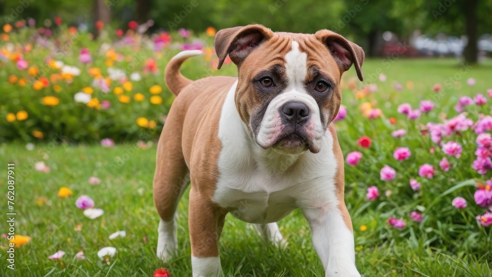 Fototapeta premium White and brown american bulldog in flower field