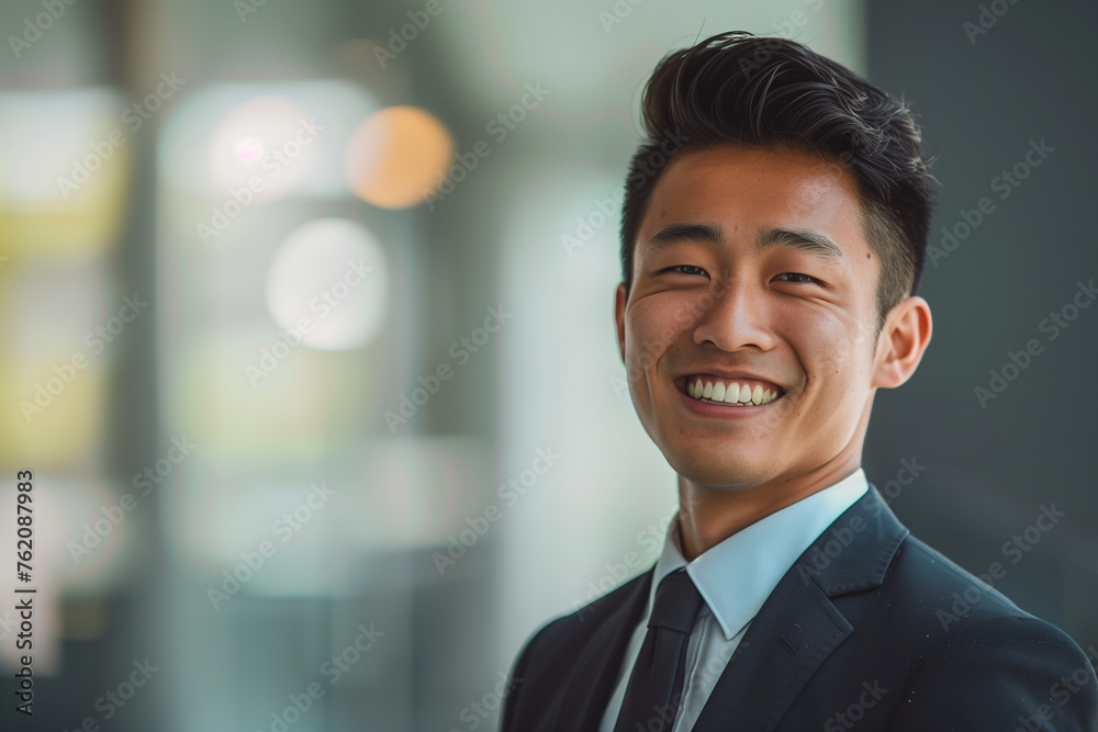 asian man in business suit smiling and ready to promote, modern day workplace, office photo, in the style of innovating techniques asian man in business suit smiling and ready to promote, modern day workplace, office photo, in the style of innovating techniques