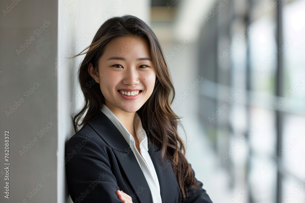 asian woman in business suit smiling and ready to promote, modern day workplace, office photo, in the style of innovating techniques asian woman in business suit smiling and ready to promote, modern day workplace, office photo, in the style of innovating techniques