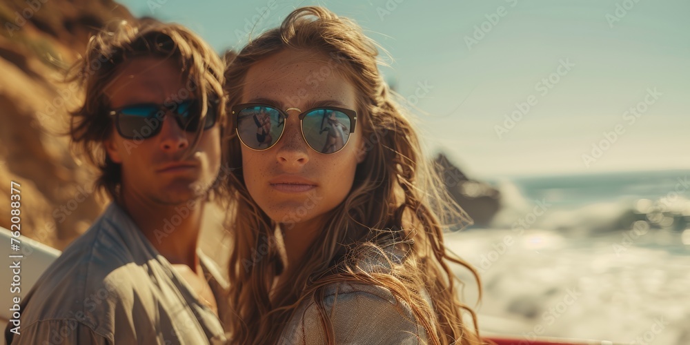 Couple in trendy sunglasses on the beach, showcasing the blend of romance and the adventurous. Couple in trendy sunglasses on the beach, showcasing the blend of romance and the adventurous.