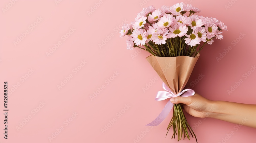 Man holding bright romantic valentines day gift bouquet for girlfriend on pink background