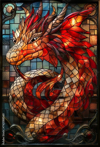 Red Dragon On A Stained Glass Window. Illustration On The Theme Of Architecture And Interior, Fairy Tales And Fantasy. Generative AI