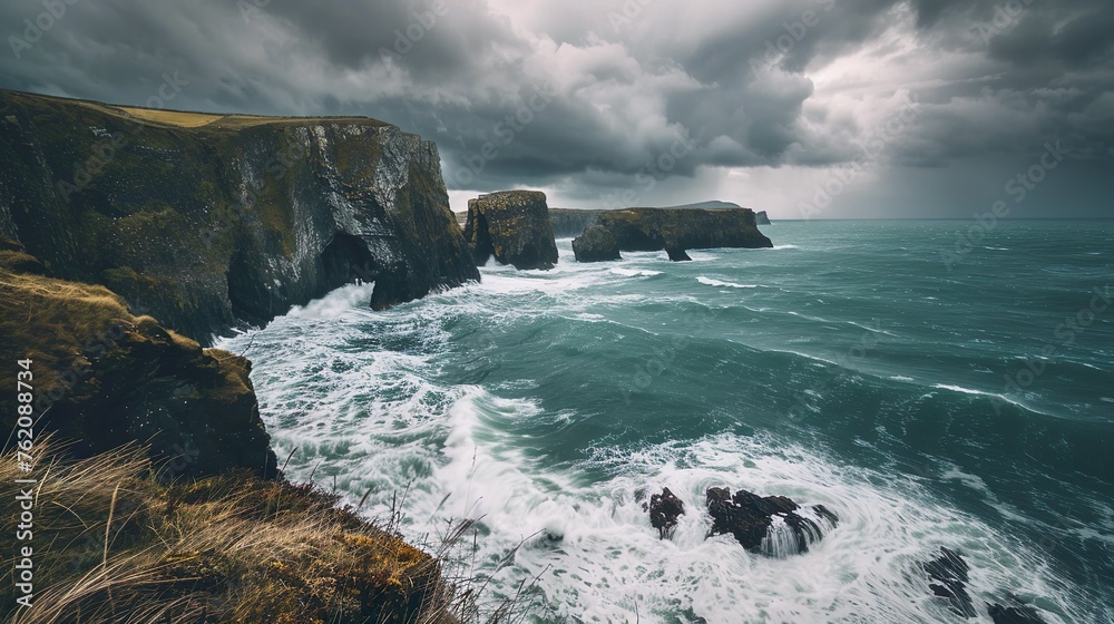 A rugged coastline dotted with sea stacks, battered by crashing waves under a stormy sky
