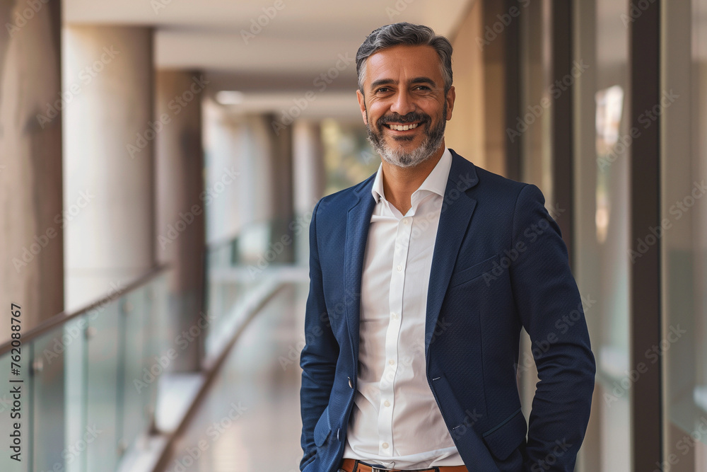 business man standing in a hallway smiling, in the style of precise and lifelike business man standing in a hallway smiling, in the style of precise and lifelike