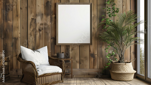 A living room in a woodenwalled building with a wicker chair, a plant, and a picture frame as interior design fixtures