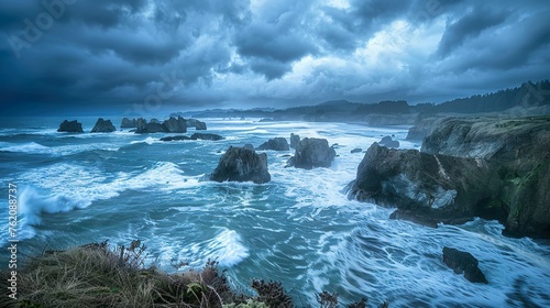 A rugged coastline dotted with sea stacks, battered by crashing waves under a stormy sky photo