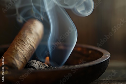 Cigar in a wooden bowl with smoke on a dark background,close up