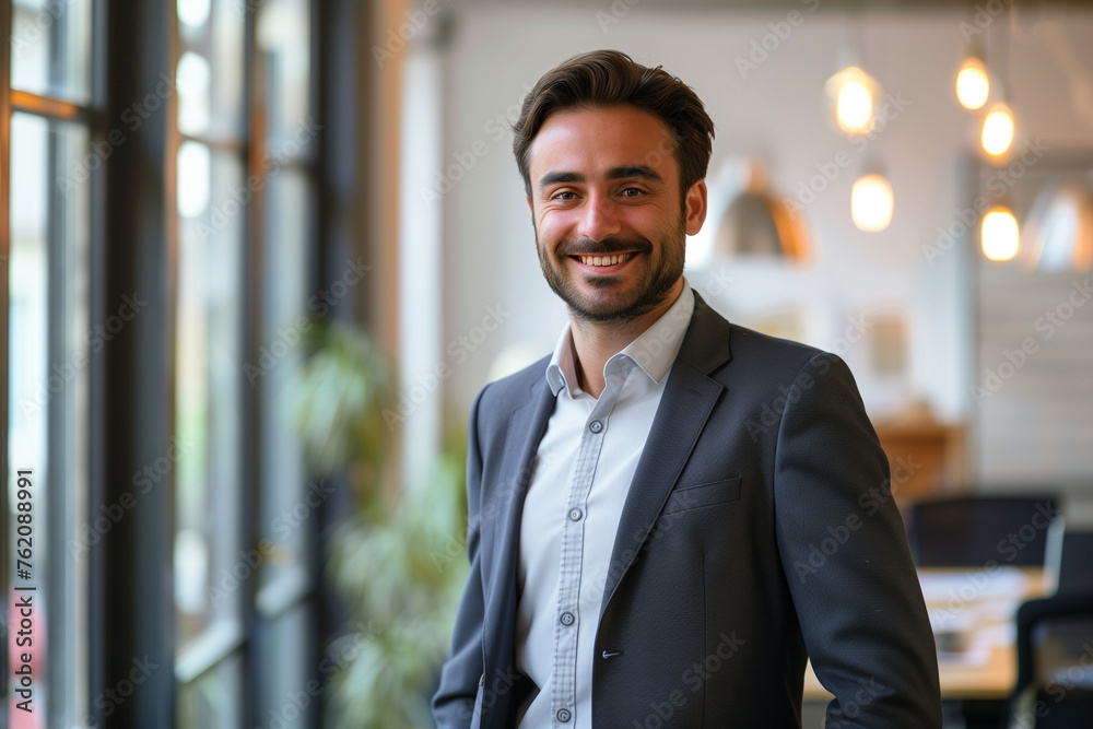Fototapeta premium handsome man in business suit smiling and ready to promote, modern day workplace, office photo, in the style of innovating techniques, light-filled