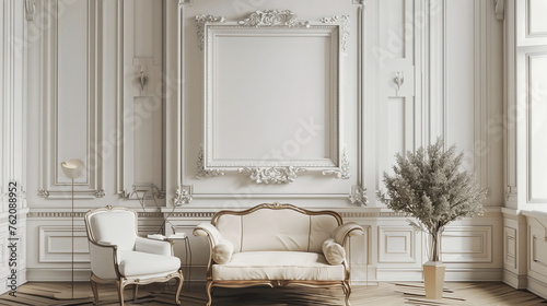 An interior design of a living room in a house with hardwood flooring, featuring a buildingshaped couch, chairs, and a rectangular picture frame on the woodpaneled wall