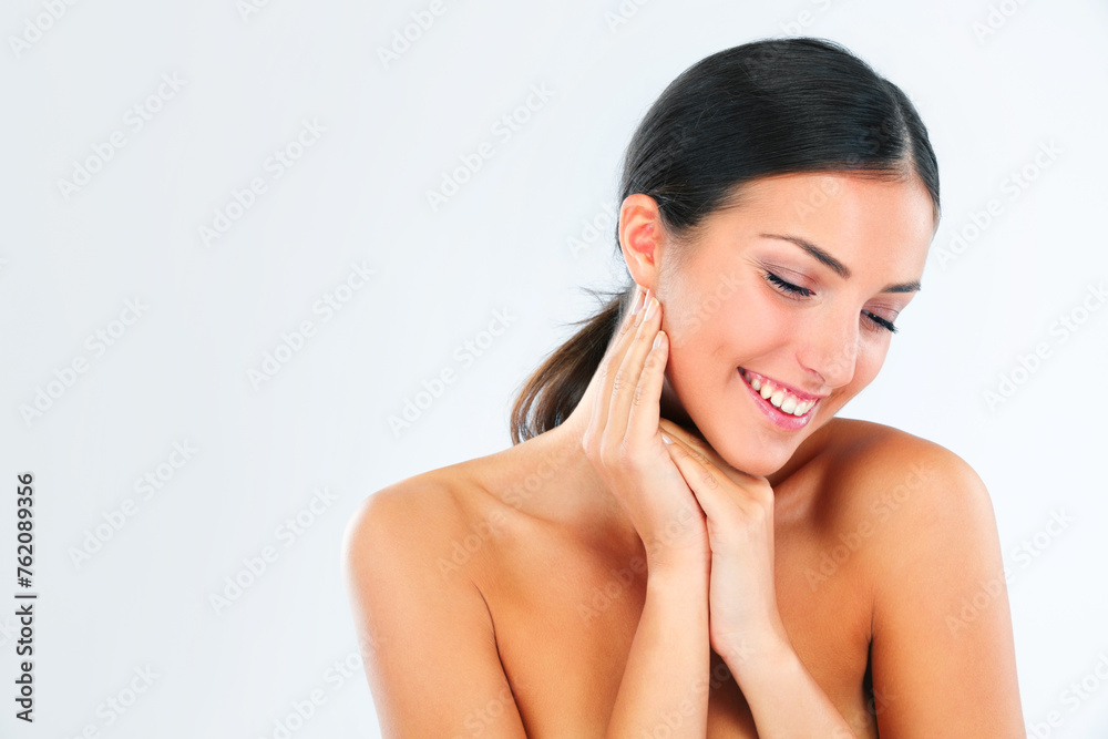 Skincare, mockup and happy woman in studio with hands on soft skin, dermatology or smooth texture results on white background. Body, beauty or female model smile for anti aging, cosmetics or wellness Skincare, mockup and happy woman in studio with hands on soft skin, dermatology or smooth texture results on white background. Body, beauty or female model smile for anti aging, cosmetics or wellness