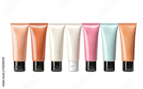 Five Tubes of Different Colors of Cream. On a White or Clear Surface PNG Transparent Background.