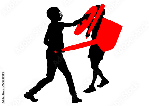 Men in sport fight with swords on white background