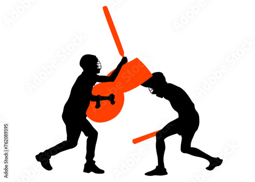 Men in sport fight with swords on white background