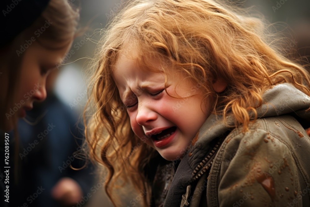Photograph of a sobbing child, with their parent's form softened in the background, symbolizing the emotional distance between them in the moment - obrazy, fototapety, plakaty 