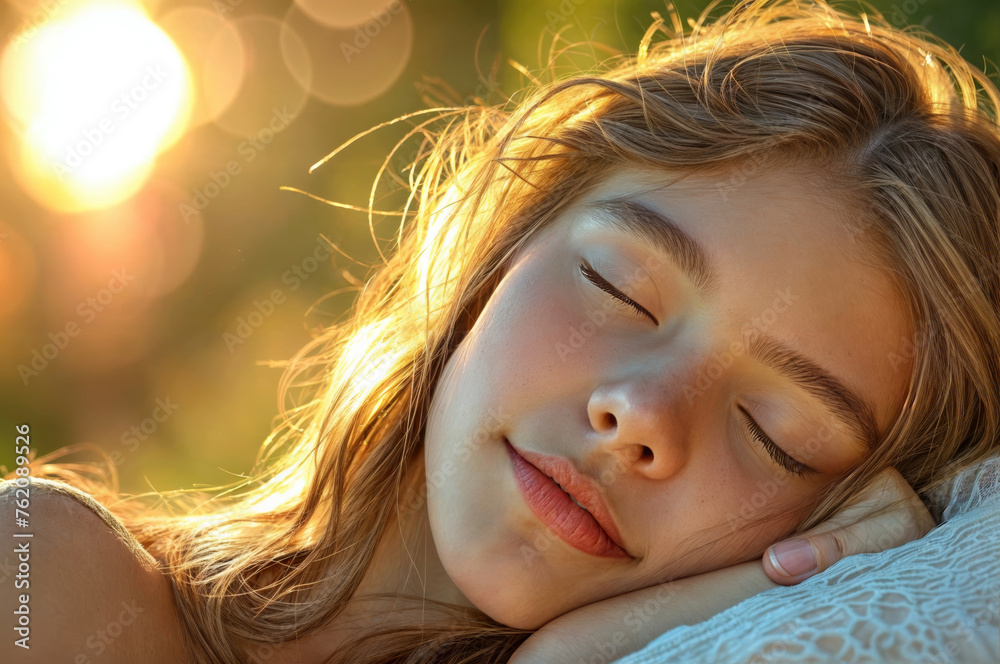 Portrait of a beautiful young girl with closed eyes at sunset.