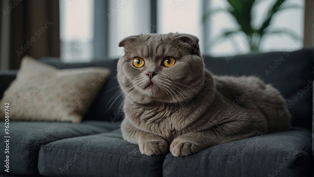 British Shorthair cat with yellow eyes lying on the sofa.