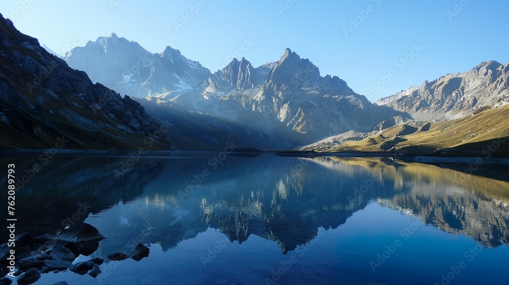 A tranquil lake surrounded by towering mountains, its surface mirror-like in the early morning light